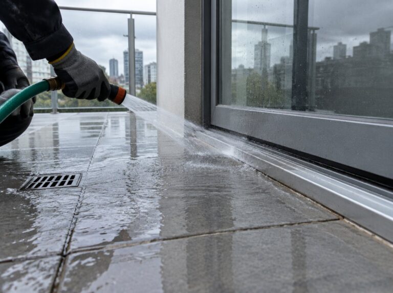 Water sprayed across a tiled apartment balcony during a controlled balcony water test
