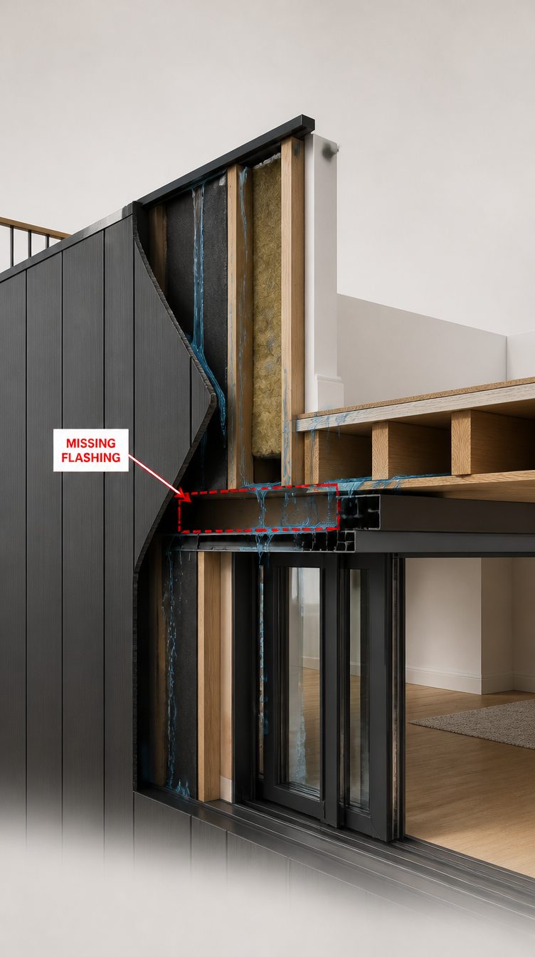 Cutaway of a balcony wall showing missing flashing above stacker doors